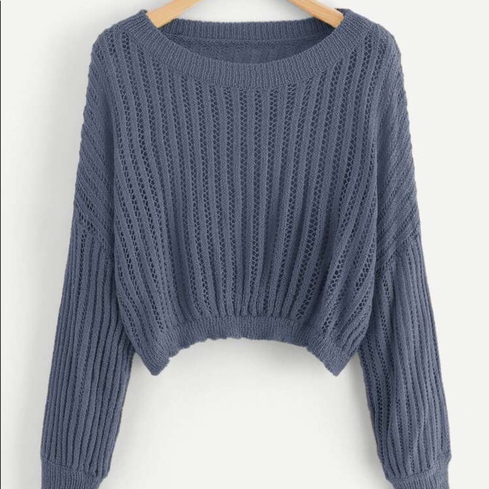 blue open-knit cropped sweater